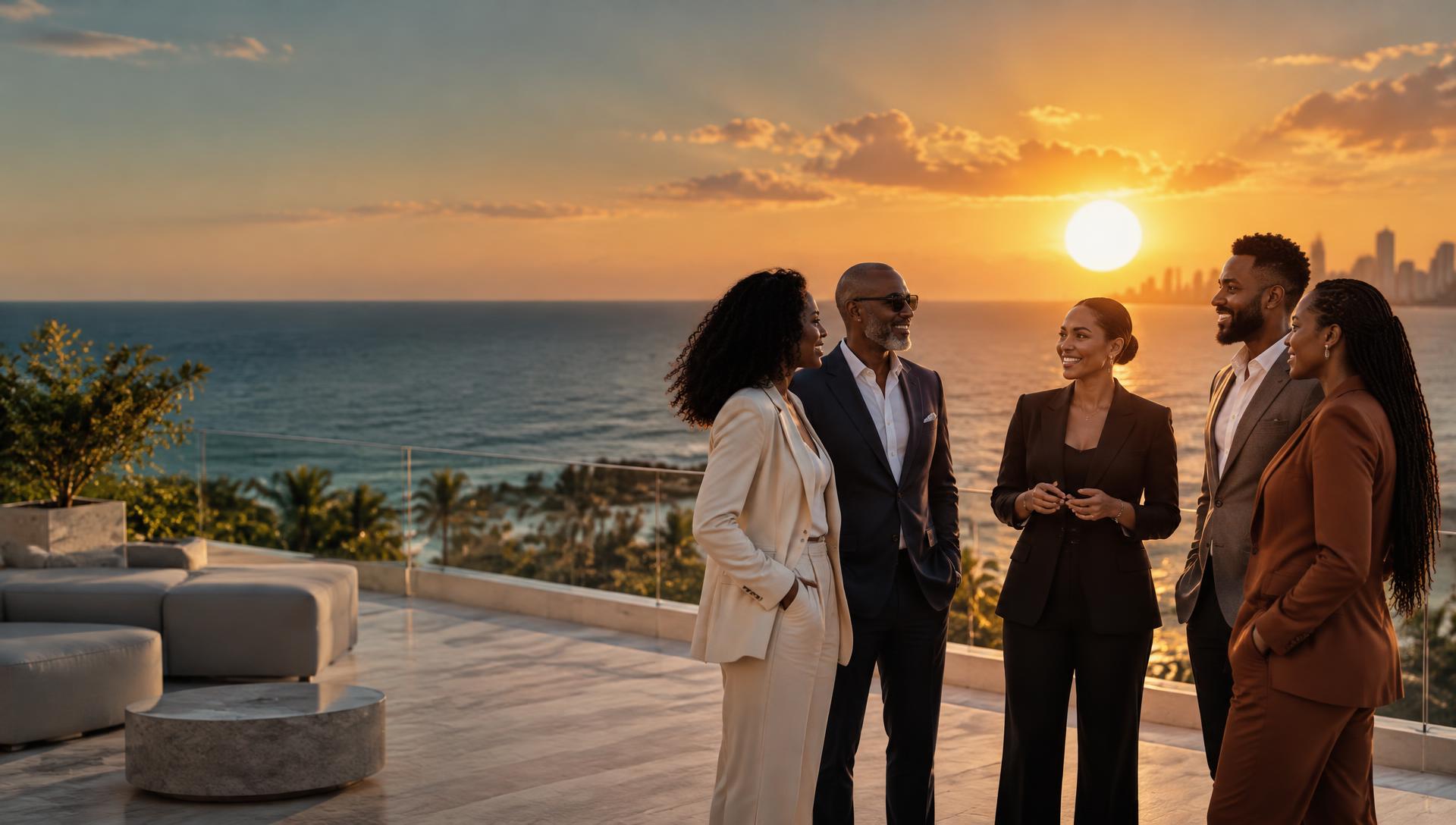 A small group of Black and diverse business leaders in tailored suits talking together on an oceanfront terrace as a bright golden sun sets over a deep blue sea.